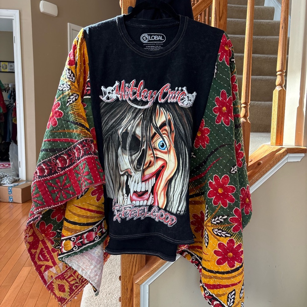 Custom- Upcycled- Montley Crue “Dr Feel Good” Graphic Tee with Kantha Sleeves!!!